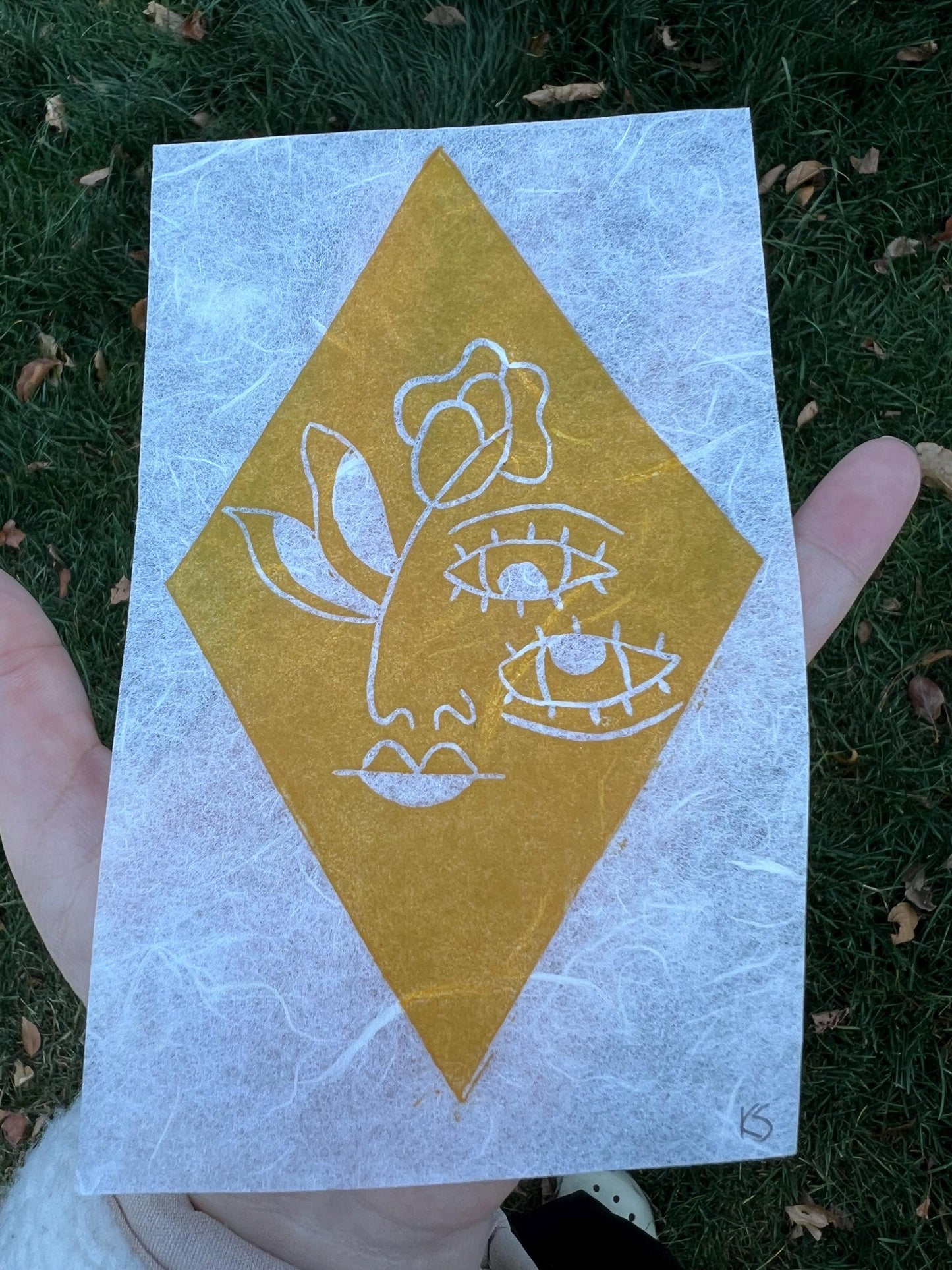 Yellow Girl Linocut Block Print