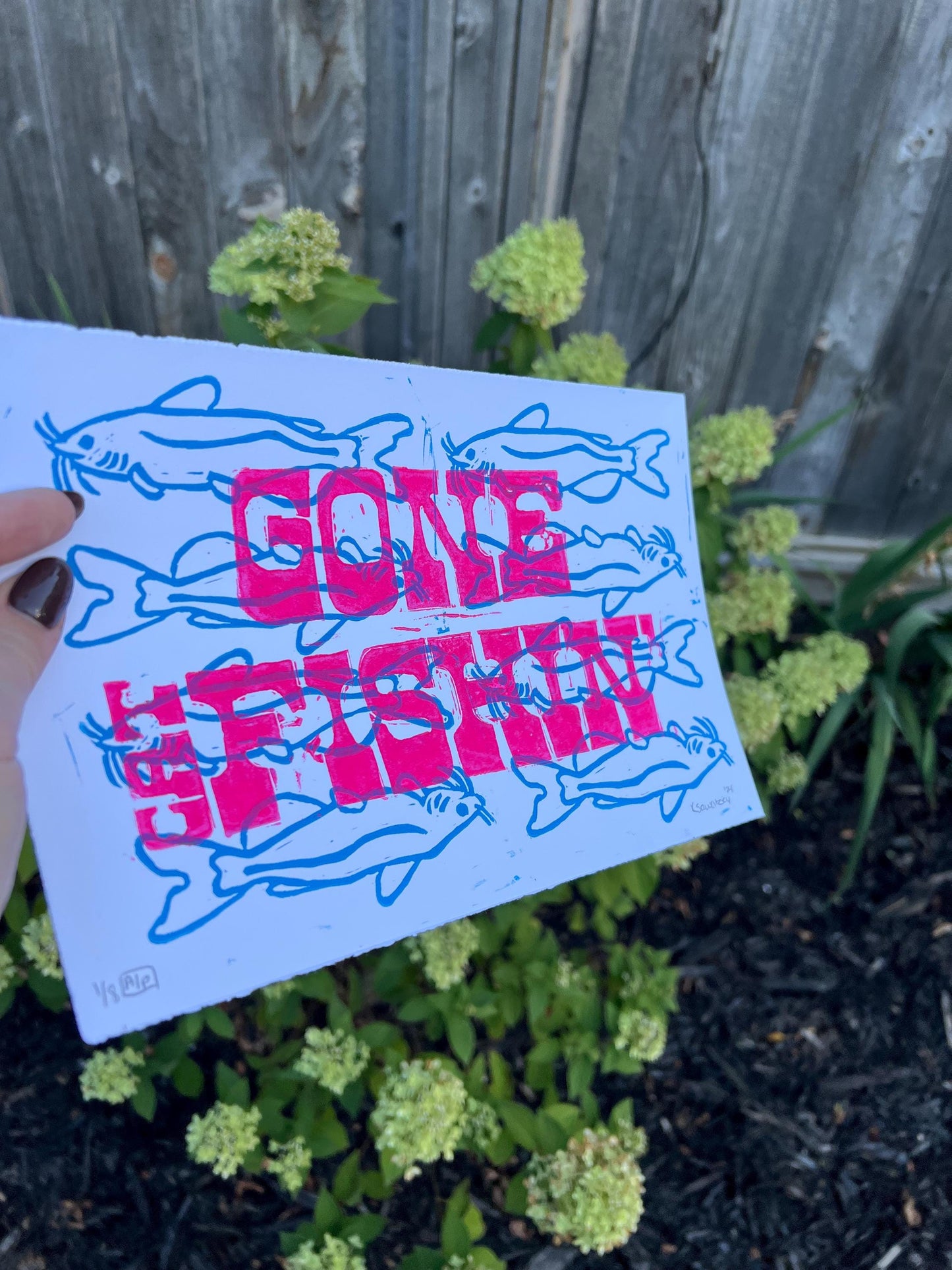 Gone Cat-Fishing Linocut Block Print