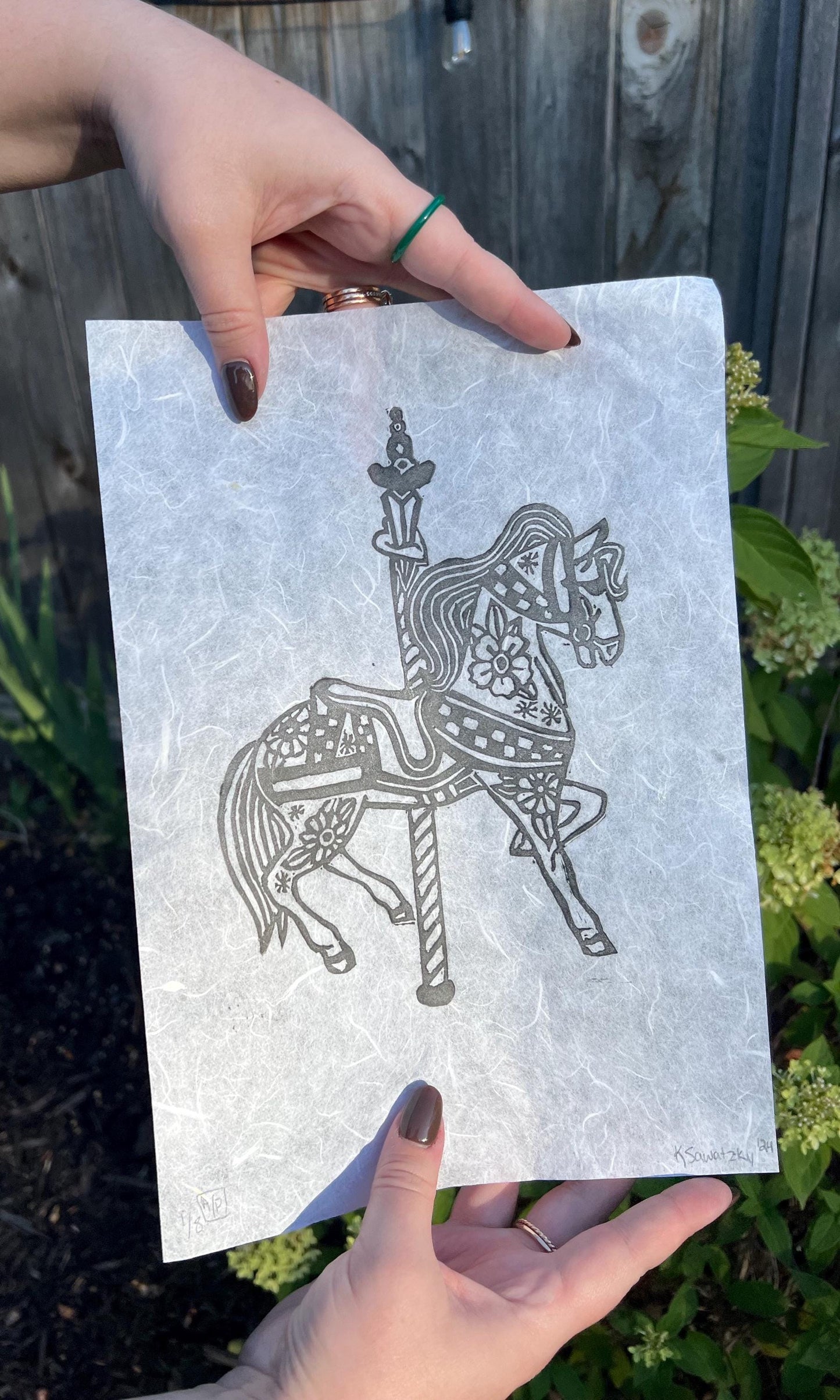 Merry Go Round Horse Lino Block Print