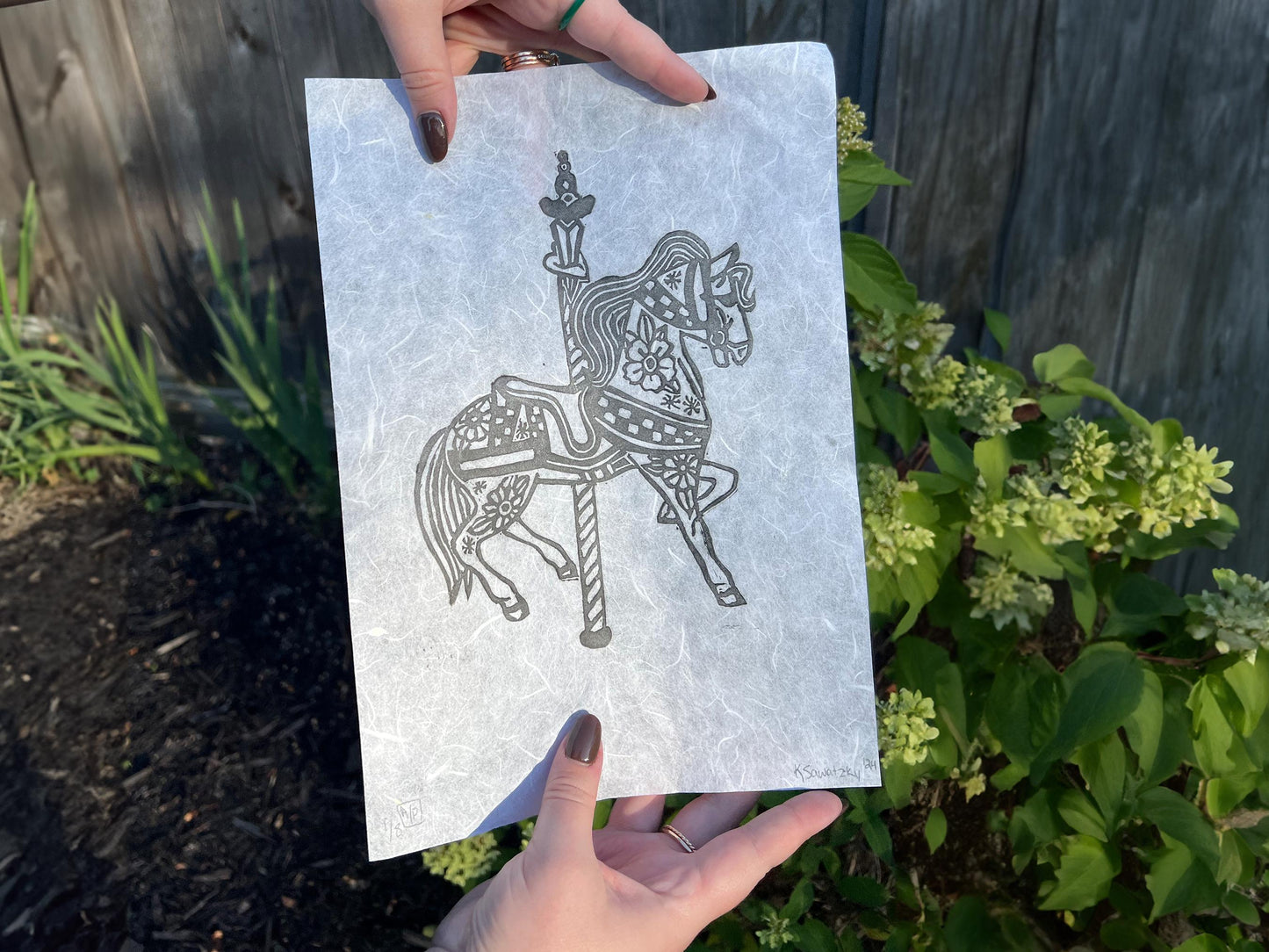 Merry Go Round Horse Lino Block Print