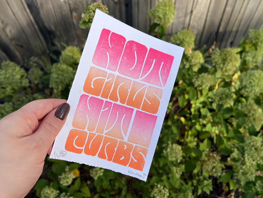 Hot Girls Hit Curbs Linocut Block Print