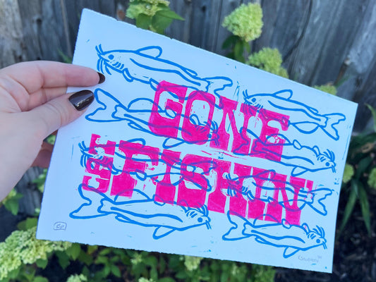 Gone Cat-Fishing Linocut Block Print